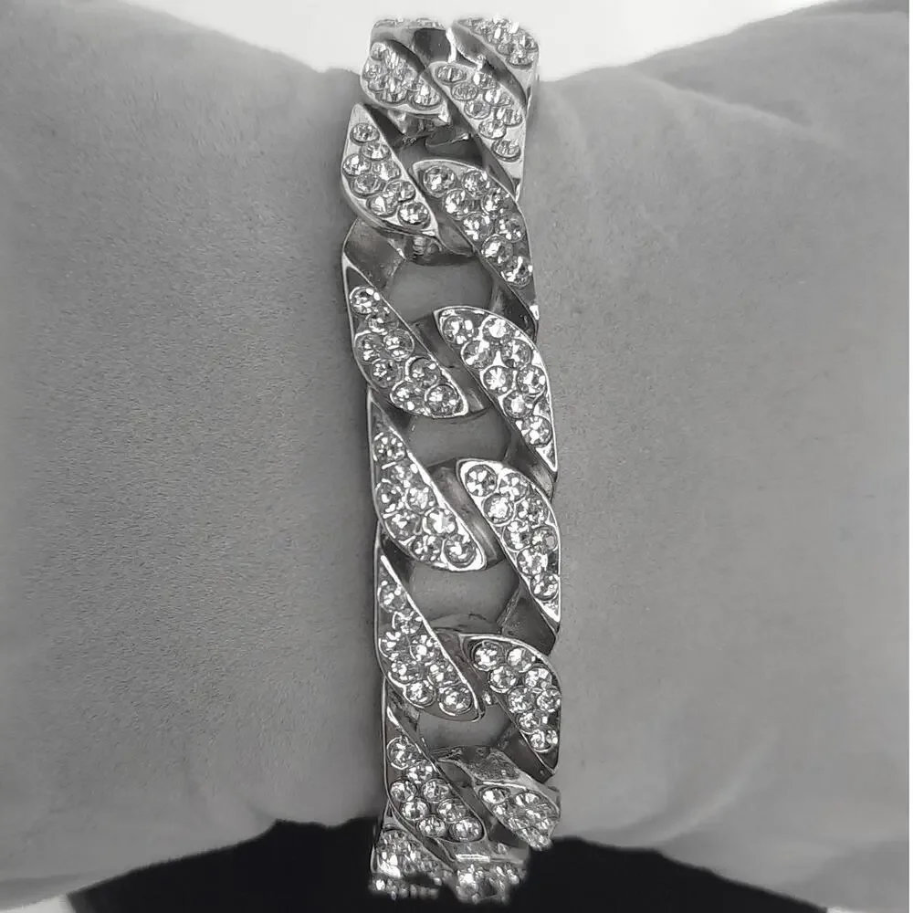 Miami Cuban Link Chain Bracelet Silver Rhinestone Iced Out Chunky Bling Unisex